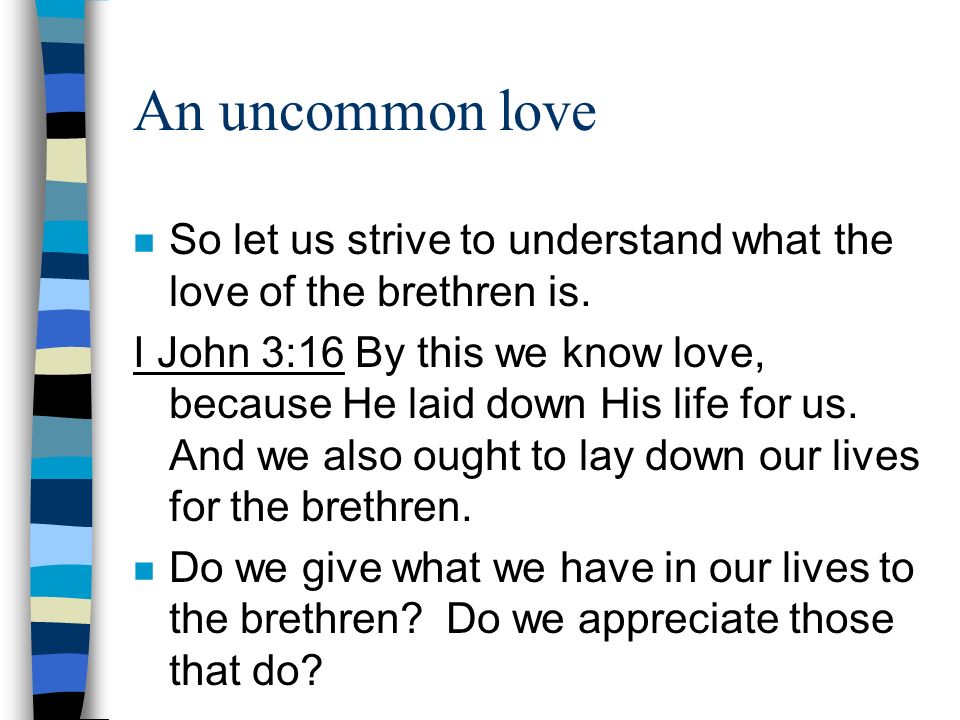 An uncommon love So let us strive to understand what the love of the brethren is.