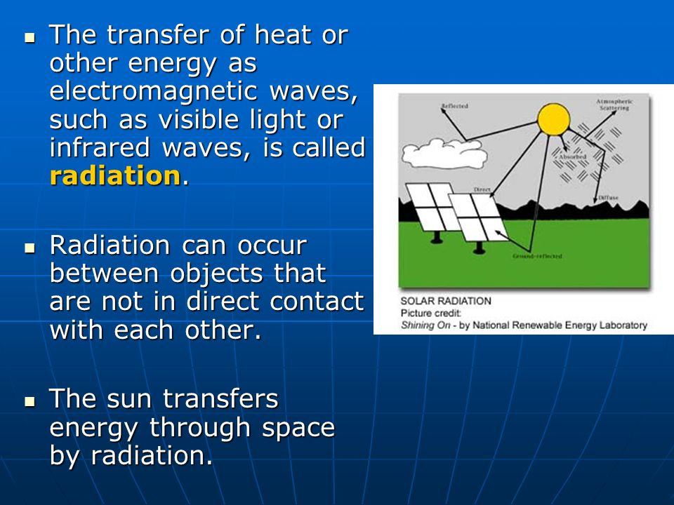 The transfer of heat or other energy as electromagnetic waves, such as visible light or infrared waves, is called radiation.