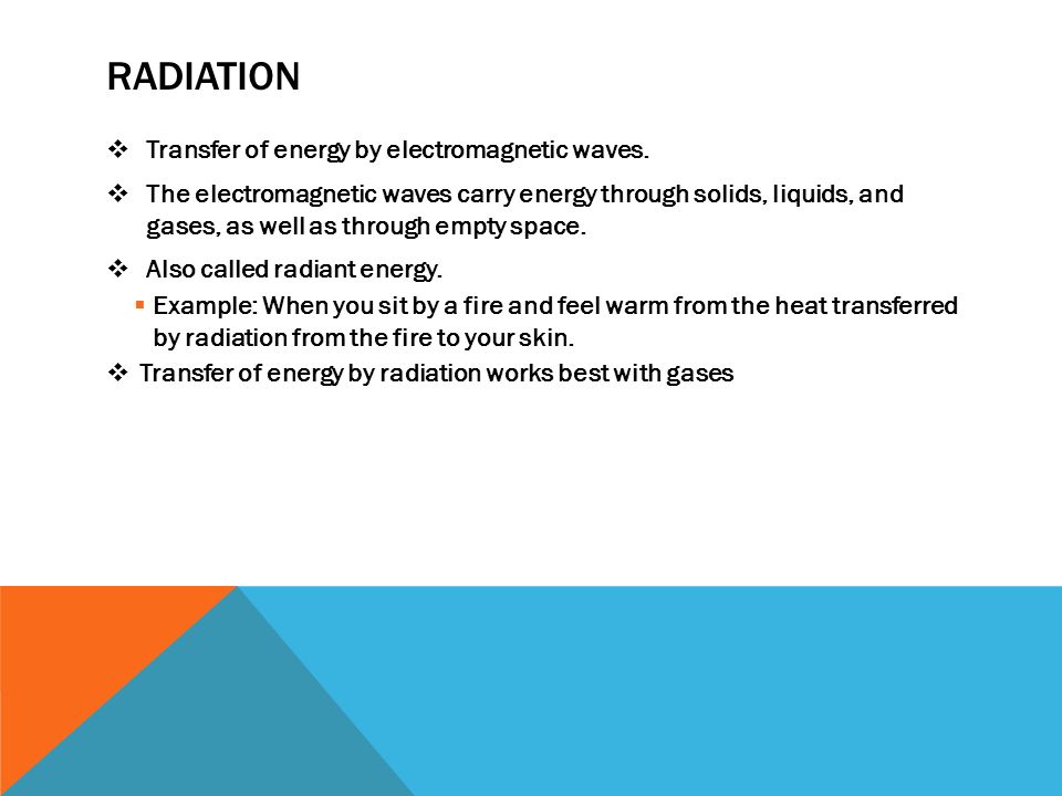 radiation Transfer of energy by electromagnetic waves.
