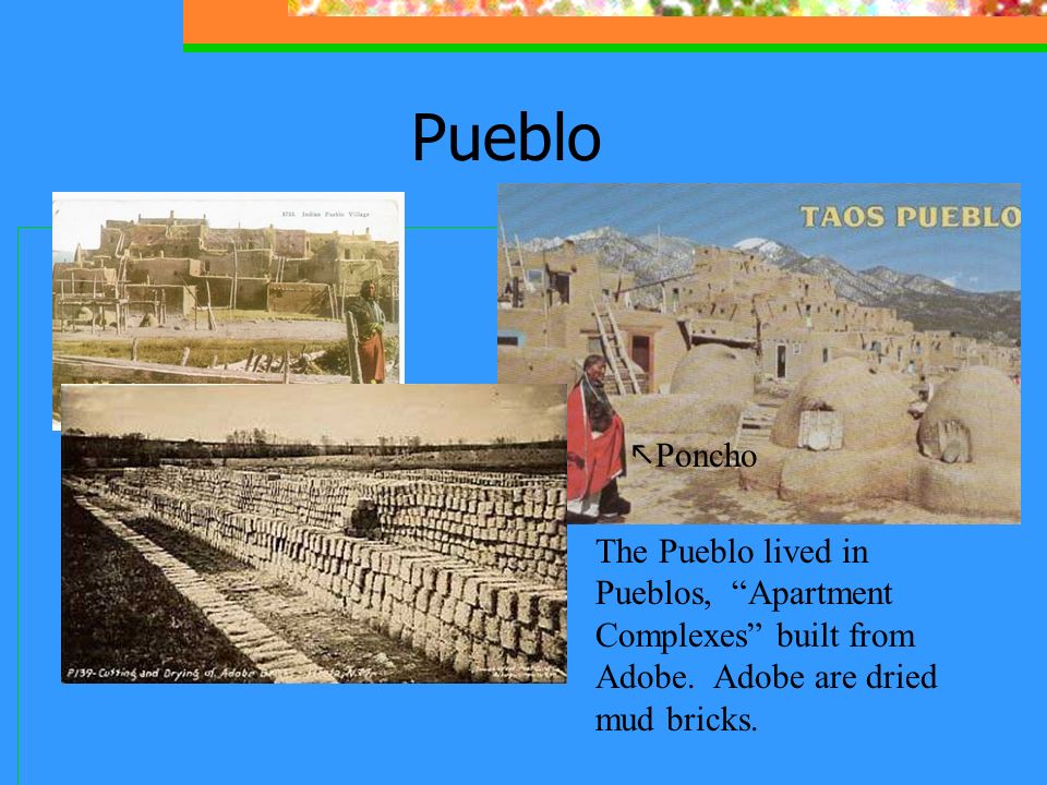 Pueblo jPoncho. The Pueblo lived in Pueblos, Apartment Complexes built from Adobe.