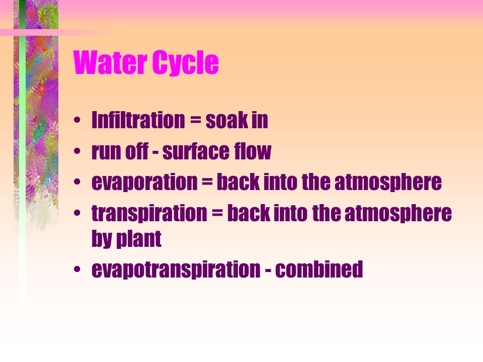 Water Cycle Infiltration = soak in run off - surface flow