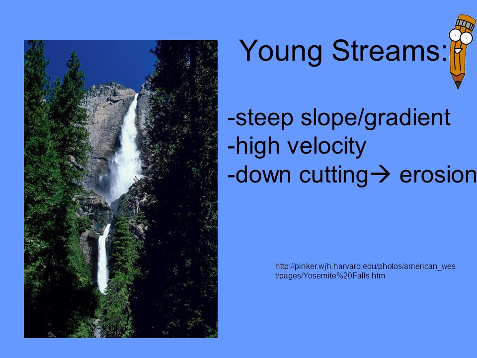 Young Streams: -steep slope/gradient -high velocity