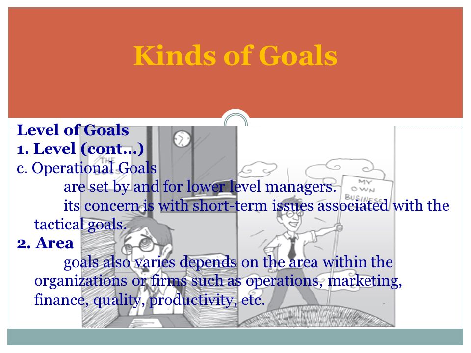 Kinds of Goals Level of Goals 1. Level (cont…) c. Operational Goals