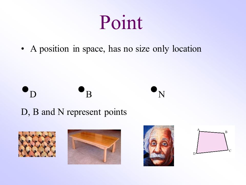 •D •B •N Point A position in space, has no size only location