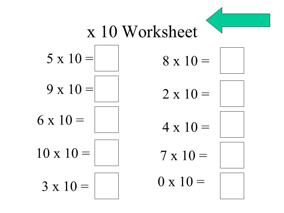 x 10 Worksheet 5 x 10 = 8 x 10 = 9 x 10 = 2 x 10 = 6 x 10 = 4 x 10 =