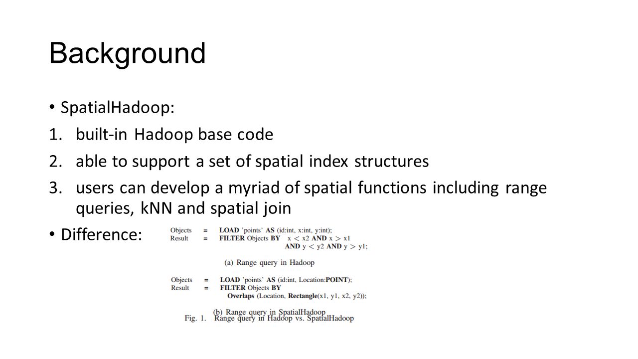 Background SpatialHadoop: built-in Hadoop base code