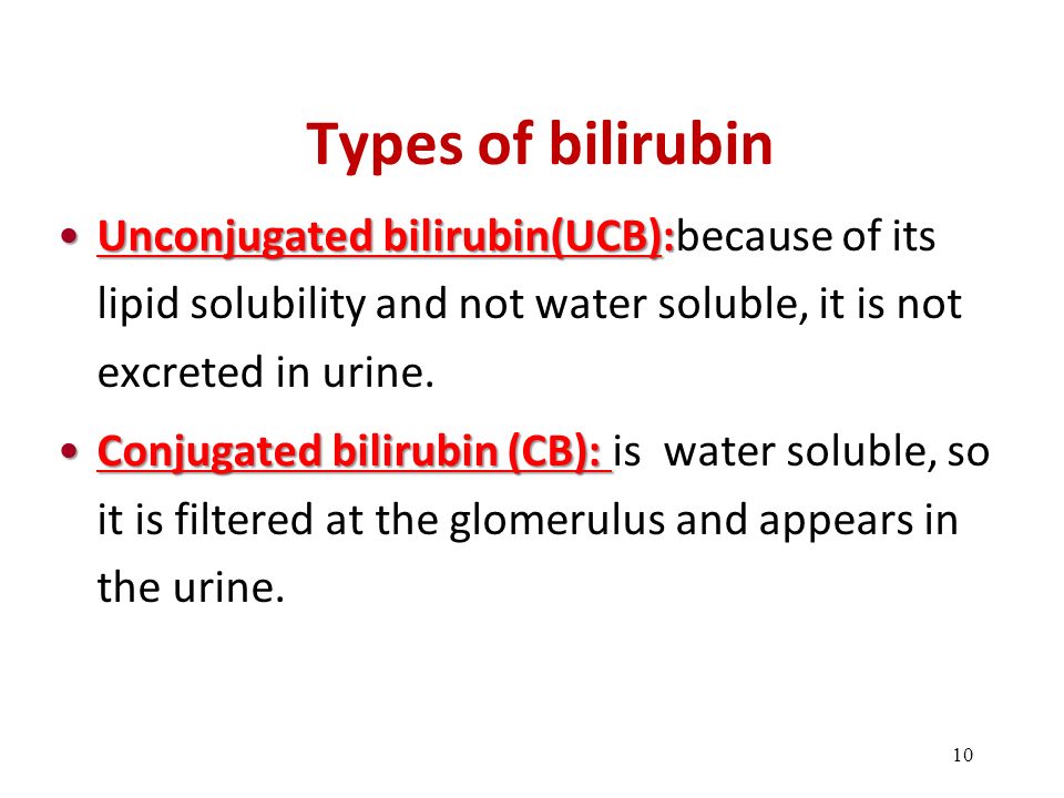 Types of bilirubin Unconjugated bilirubin(UCB):because of its lipid solubility and not water soluble, it is not excreted in urine.