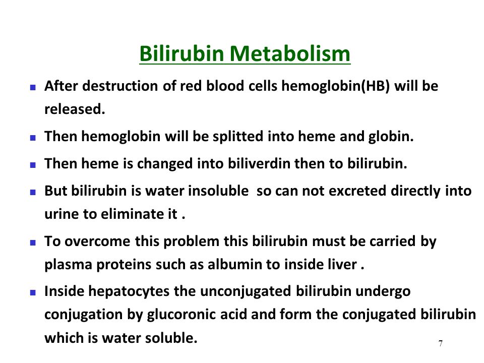 Bilirubin Metabolism After destruction of red blood cells hemoglobin(HB) will be released. Then hemoglobin will be splitted into heme and globin.