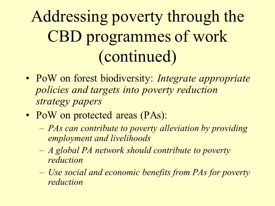 Addressing poverty through the CBD programmes of work (continued)