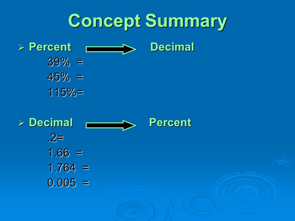 Concept Summary Percent Decimal 39% = 45% = 115%= Decimal Percent .2=