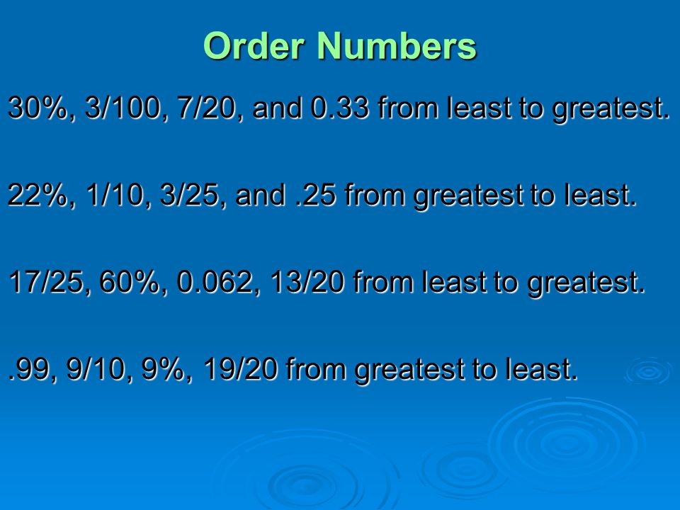 Order Numbers 30%, 3/100, 7/20, and 0.33 from least to greatest.