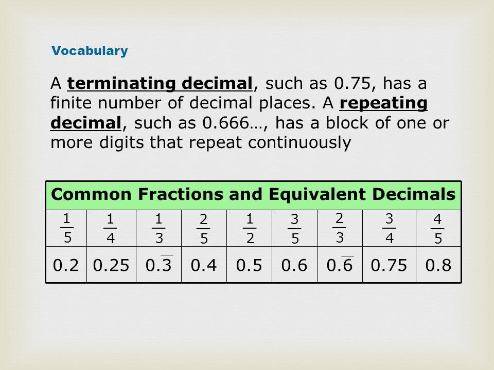 Common Fractions and Equivalent Decimals