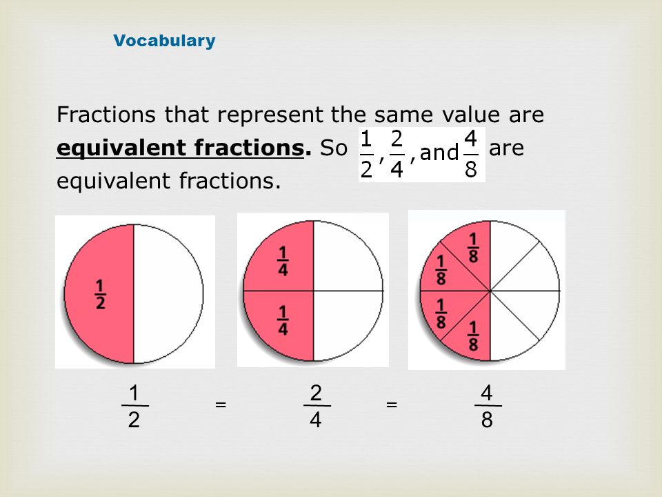 Vocabulary Fractions that represent the same value are equivalent fractions. So are equivalent fractions.