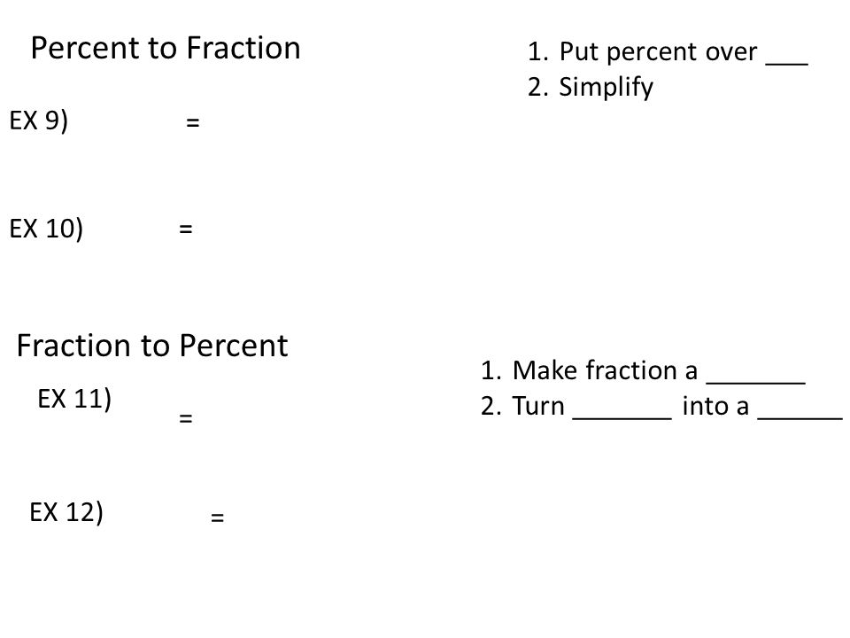 Percent to Fraction Fraction to Percent Put percent over ___ Simplify