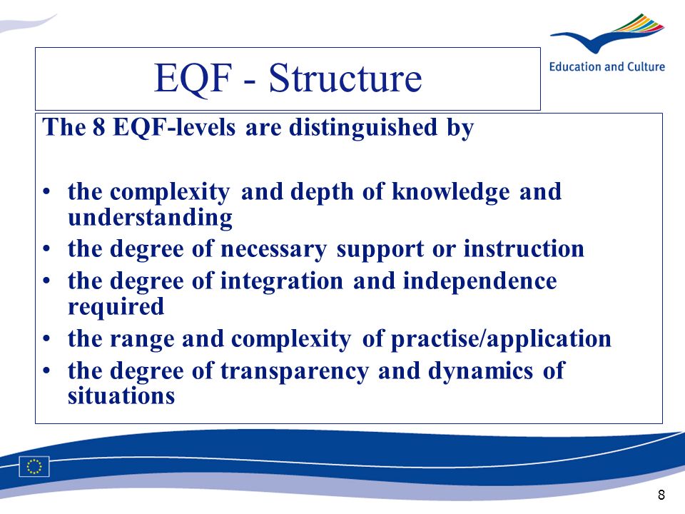 EQF - Structure The 8 EQF-levels are distinguished by
