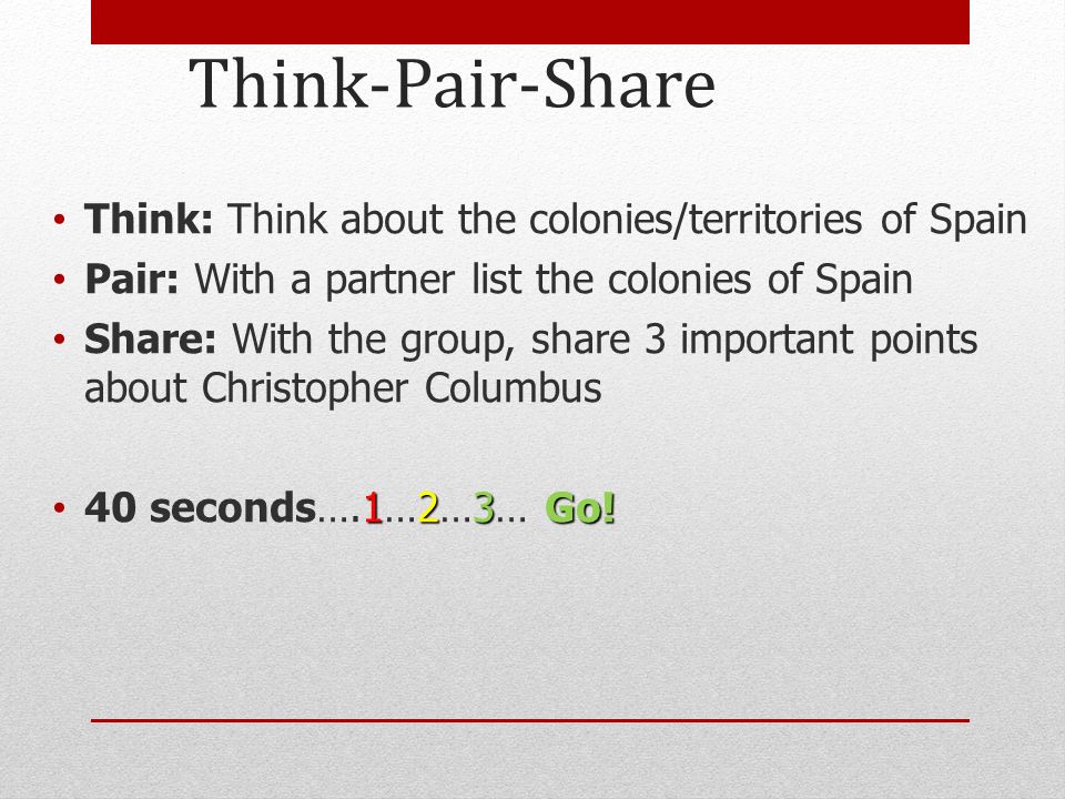 Think-Pair-Share Think: Think about the colonies/territories of Spain
