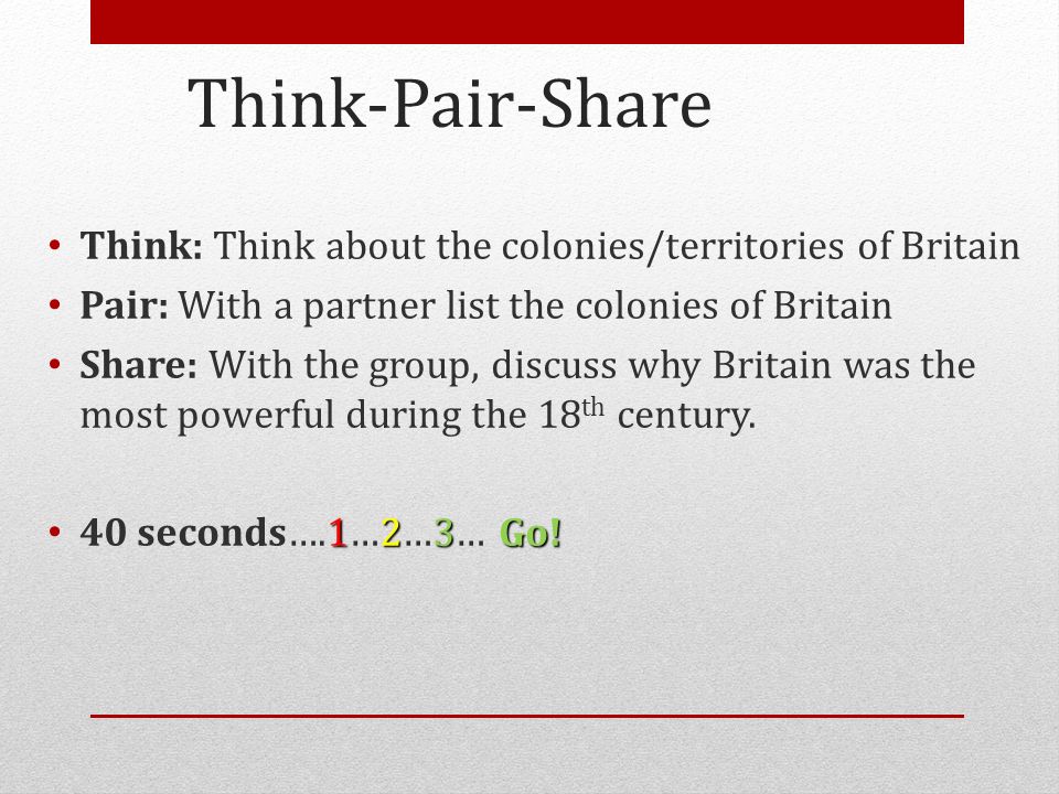 Think-Pair-Share Think: Think about the colonies/territories of Britain. Pair: With a partner list the colonies of Britain.