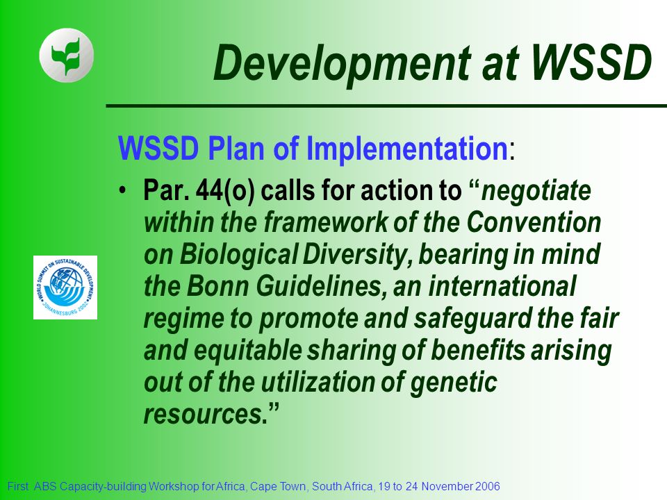 Development at WSSD WSSD Plan of Implementation: