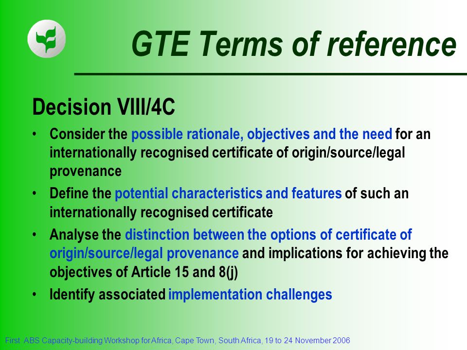 GTE Terms of reference Decision VIII/4C