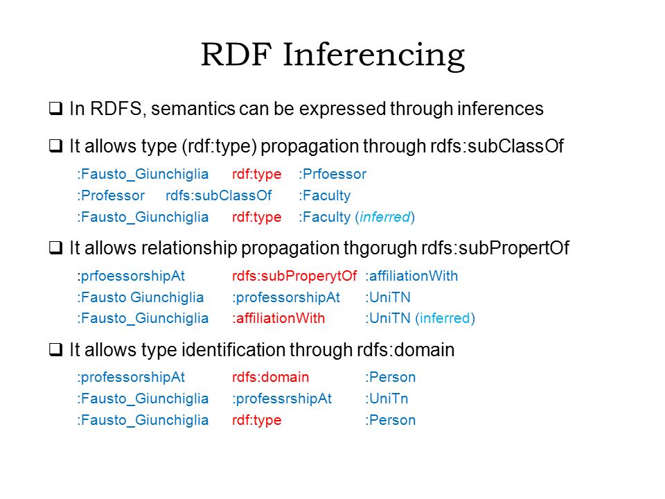 RDF Inferencing In RDFS, semantics can be expressed through inferences