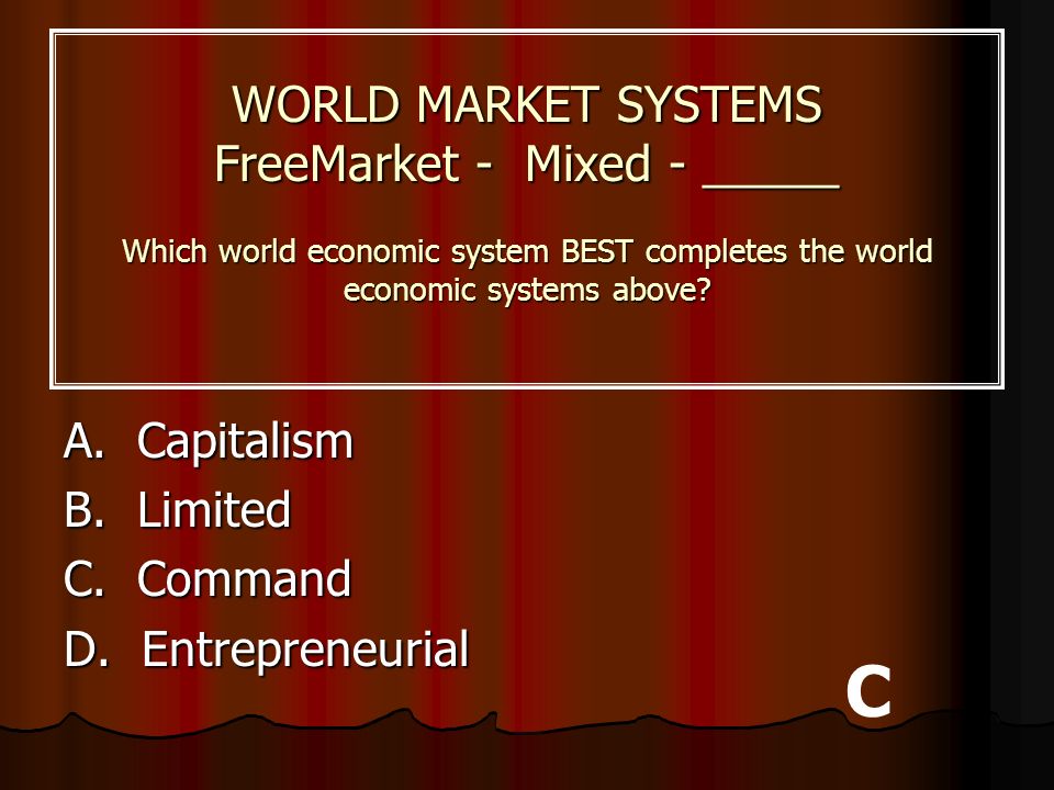 WORLD MARKET SYSTEMS FreeMarket - Mixed - _____ Which world economic system BEST completes the world economic systems above