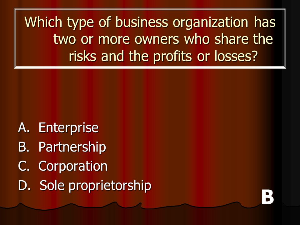 Which type of business organization has two or more owners who share the risks and the profits or losses