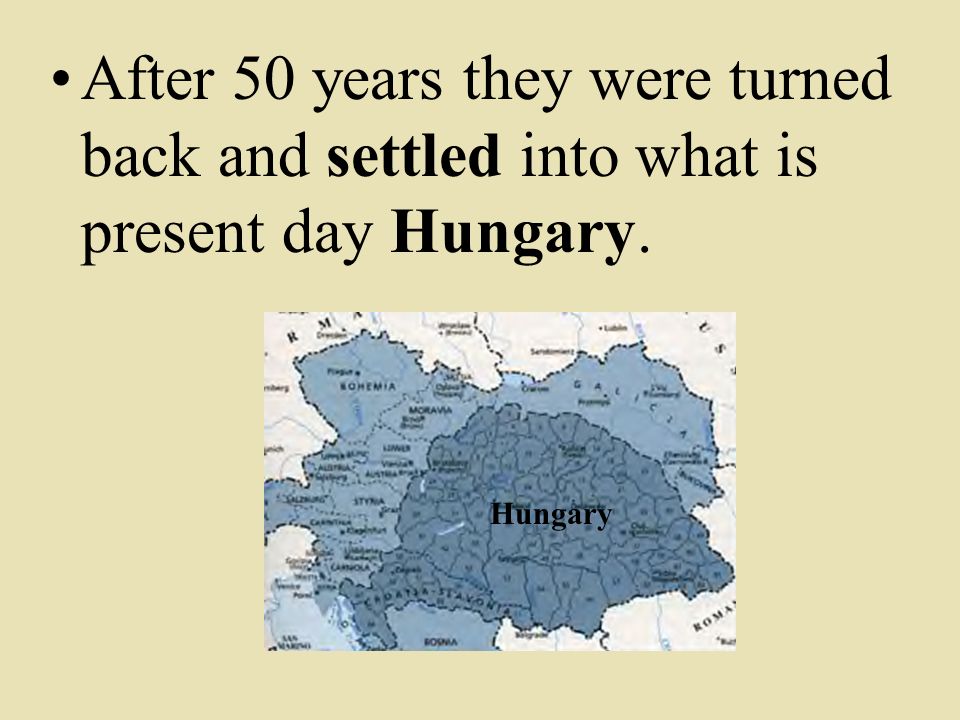After 50 years they were turned back and settled into what is present day Hungary.