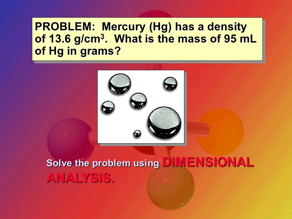 PROBLEM: Mercury (Hg) has a density of g/cm3
