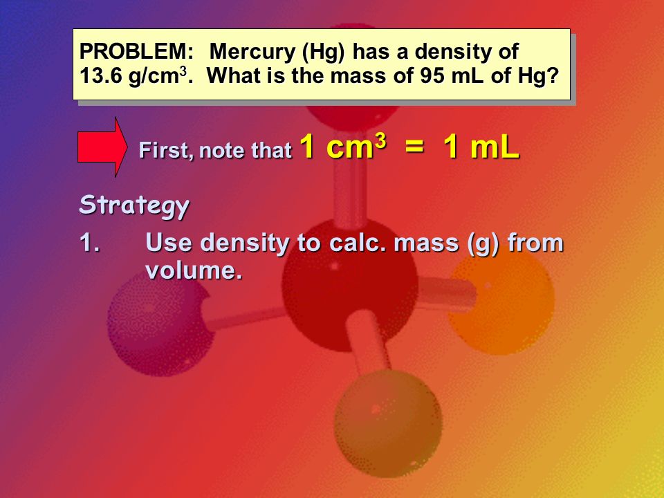 1. Use density to calc. mass (g) from volume.