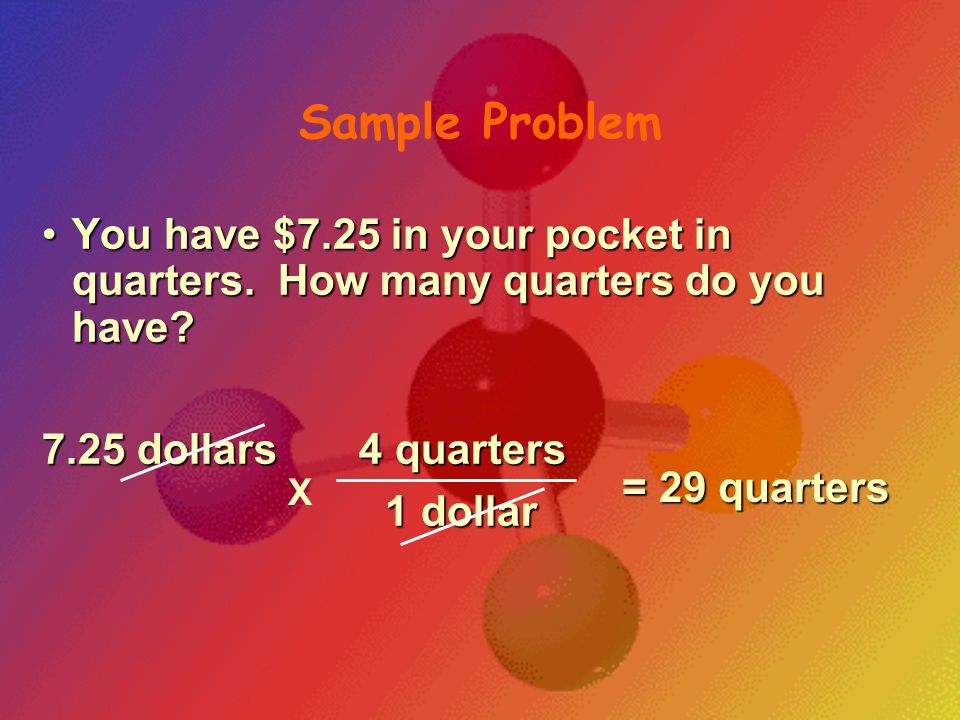 Sample Problem You have $7.25 in your pocket in quarters. How many quarters do you have 7.25 dollars 4 quarters.