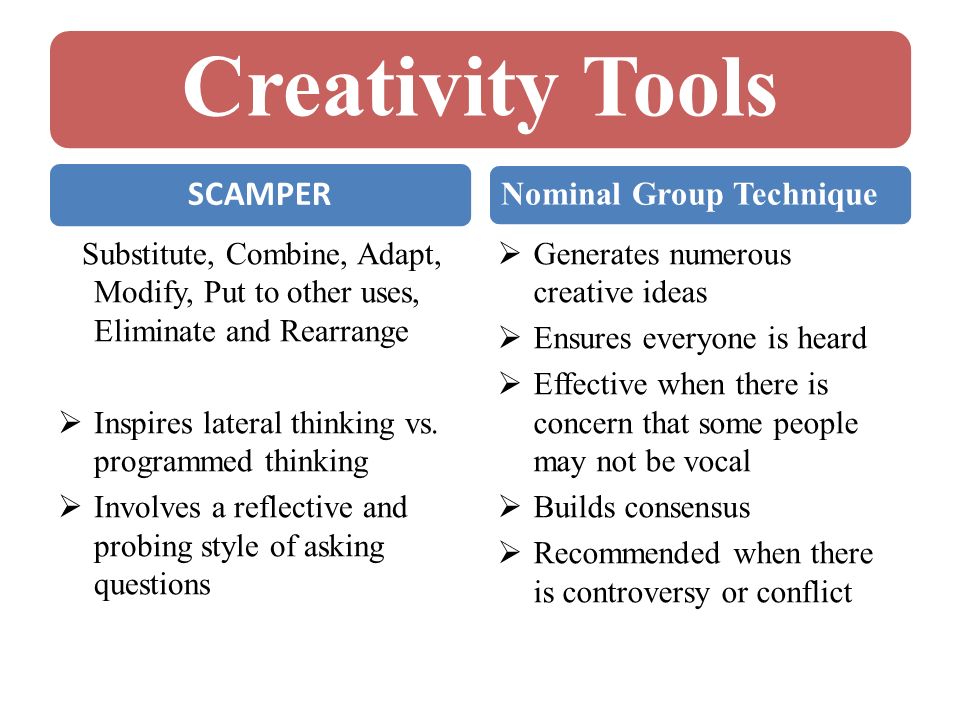 Creativity Tools SCAMPER. Nominal Group Technique. Substitute, Combine, Adapt, Modify, Put to other uses, Eliminate and Rearrange.