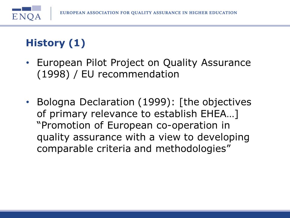 History (1) European Pilot Project on Quality Assurance (1998) / EU recommendation.