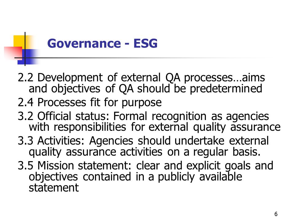 Governance - ESG 2.2 Development of external QA processes…aims and objectives of QA should be predetermined.