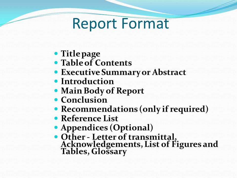 Report Format Title page Table of Contents