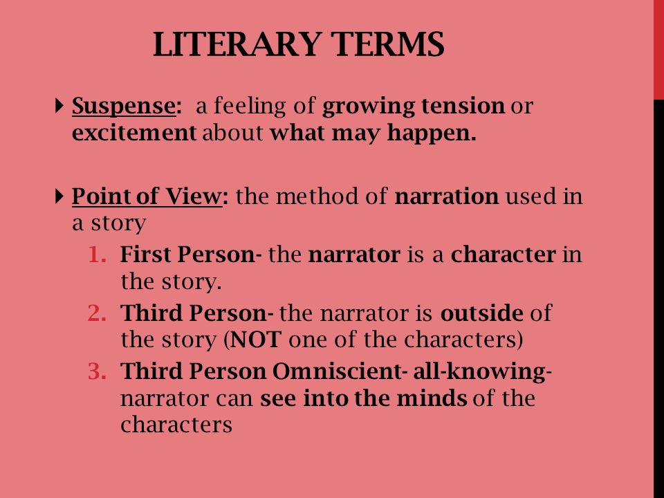 Literary Terms Suspense: a feeling of growing tension or excitement about what may happen. Point of View: the method of narration used in a story.
