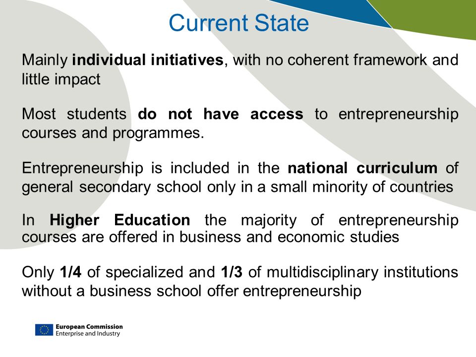 Current State Mainly individual initiatives, with no coherent framework and little impact.