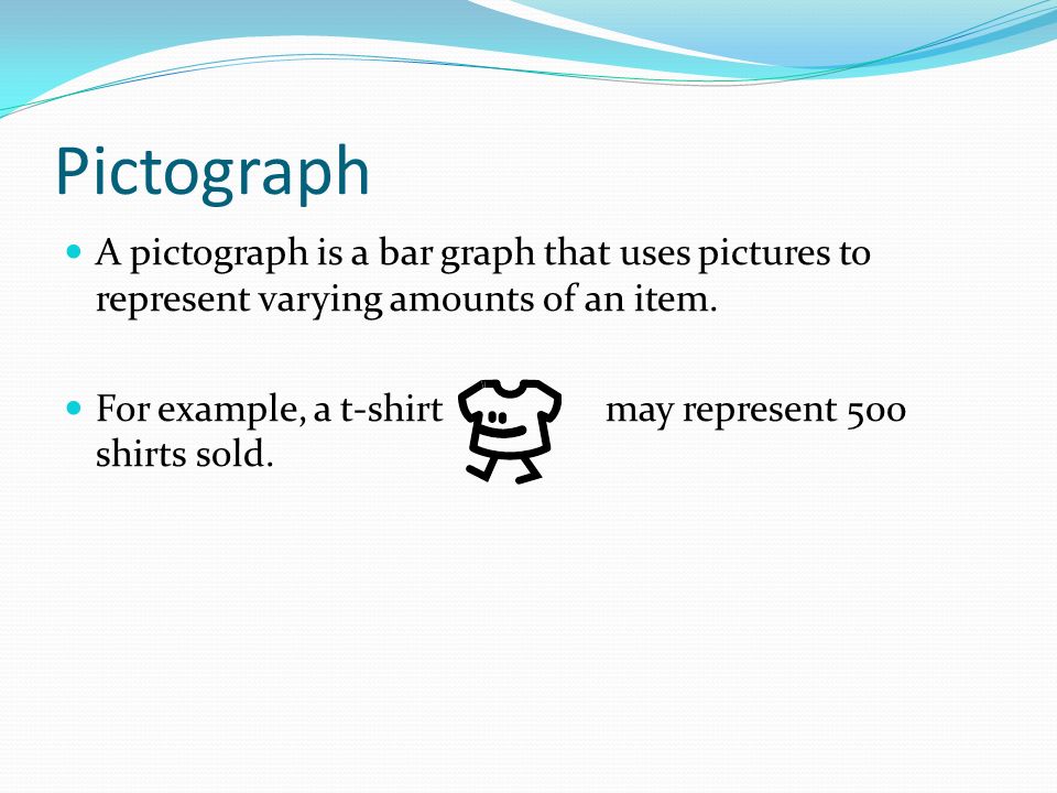 Pictograph A pictograph is a bar graph that uses pictures to represent varying amounts of an item.