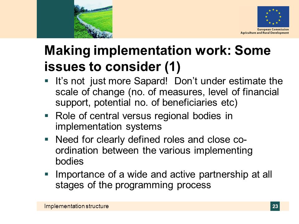 Making implementation work: Some issues to consider (1)