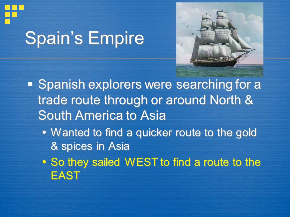 Spain’s Empire Spanish explorers were searching for a trade route through or around North & South America to Asia.