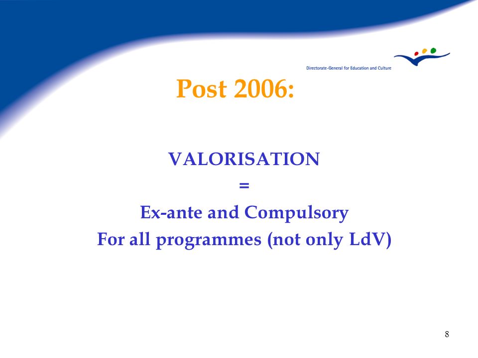 Ex-ante and Compulsory For all programmes (not only LdV)