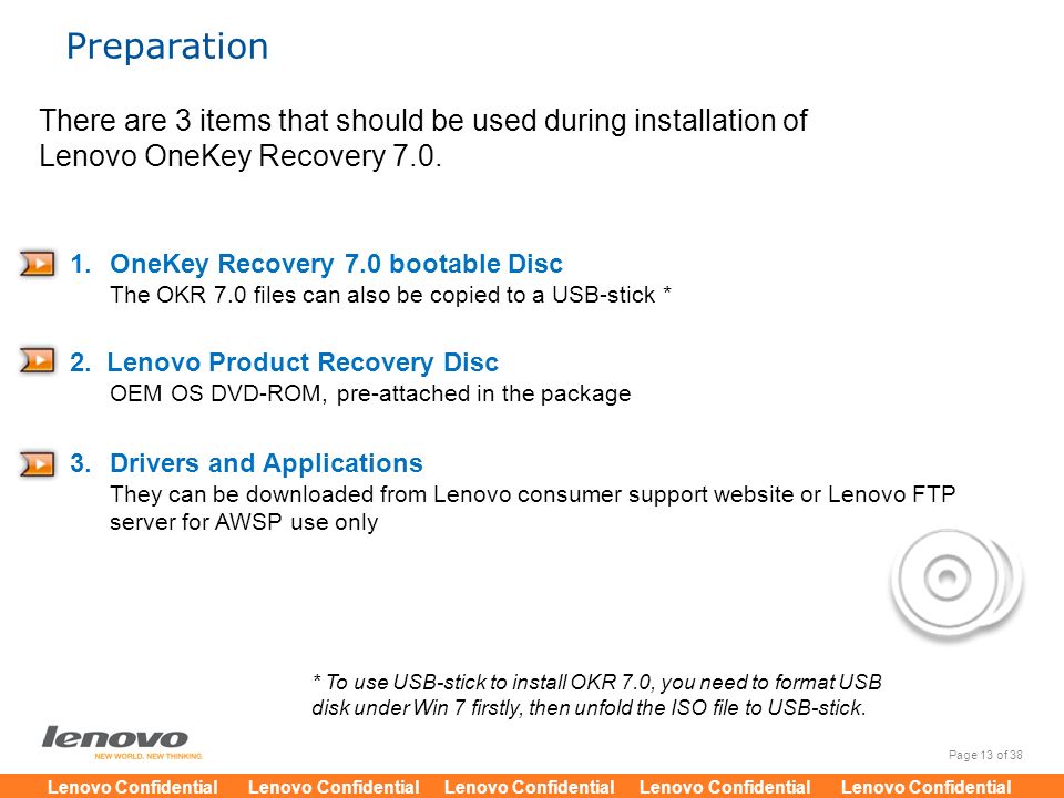Preparation There are 3 items that should be used during installation of Lenovo OneKey Recovery 7.0.