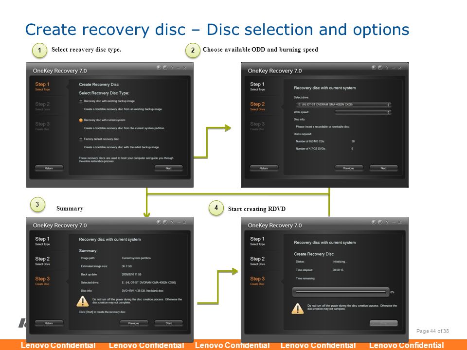 Create recovery disc – Disc selection and options