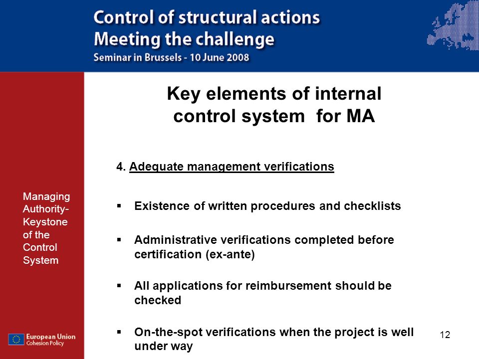 Key elements of internal control system for MA