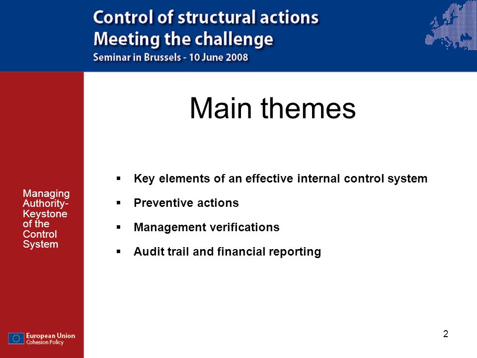 Main themes Key elements of an effective internal control system