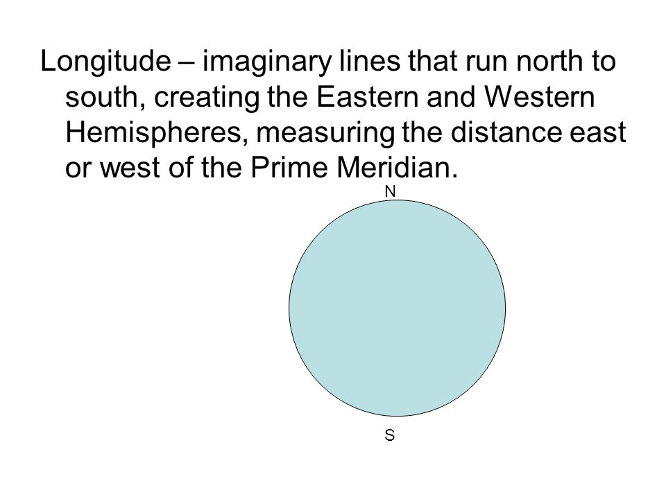 Longitude – imaginary lines that run north to south, creating the Eastern and Western Hemispheres, measuring the distance east or west of the Prime Meridian.