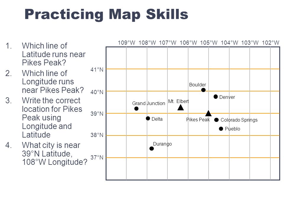 Practicing Map Skills Which line of Latitude runs near Pikes Peak