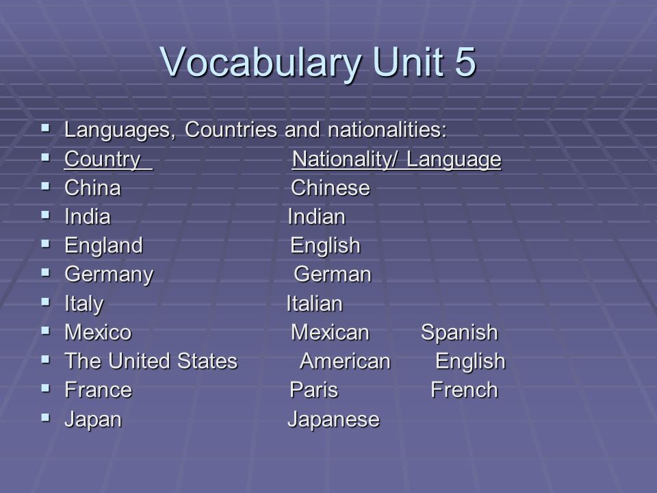 Vocabulary Unit 5 Languages, Countries and nationalities: