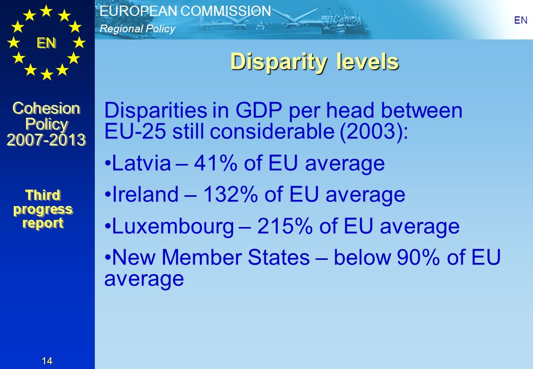 EN Disparity levels. Disparities in GDP per head between EU-25 still considerable (2003): Latvia – 41% of EU average.