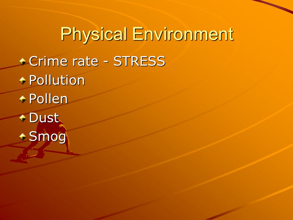 Physical Environment Crime rate - STRESS Pollution Pollen Dust Smog