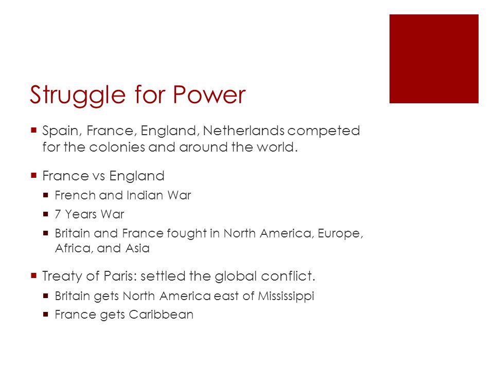 Struggle for Power Spain, France, England, Netherlands competed for the colonies and around the world.
